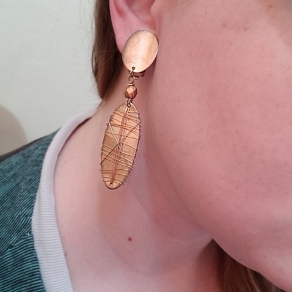 Oval Wire Wrapped Dangle Clip On Earrings - Picture 1 of 4
